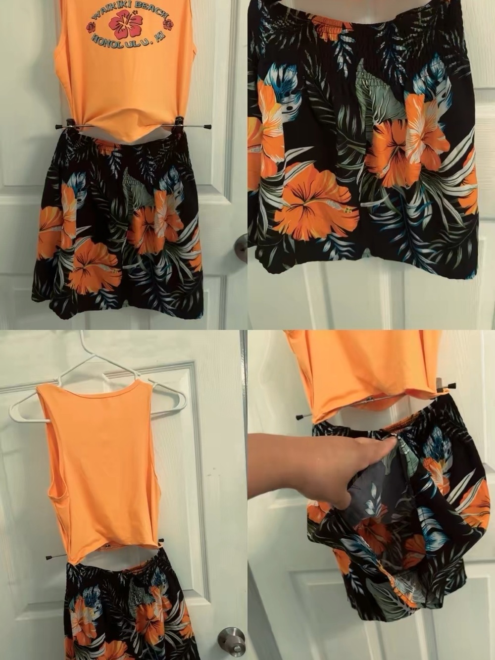 Orange Crop Tank with Black Floral Skirt Set - Women Tops